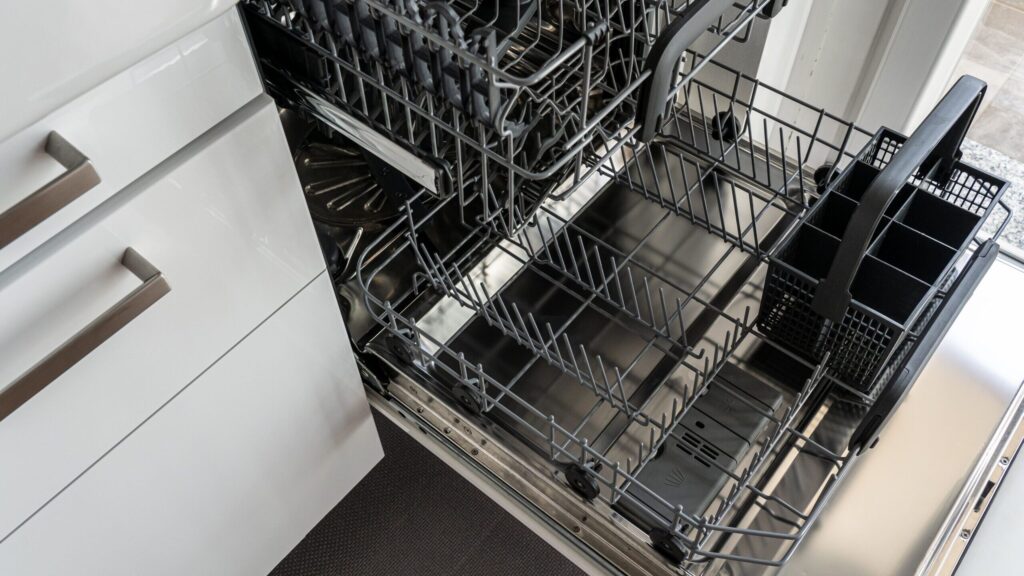 Open dishwasher with rack